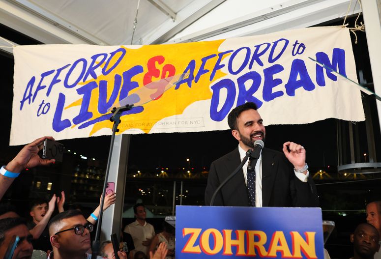 New York mayoral candidate, State Rep. Zohran Mamdani (D-NY) speaks to supporters during an election night gathering in Queens, New York City.