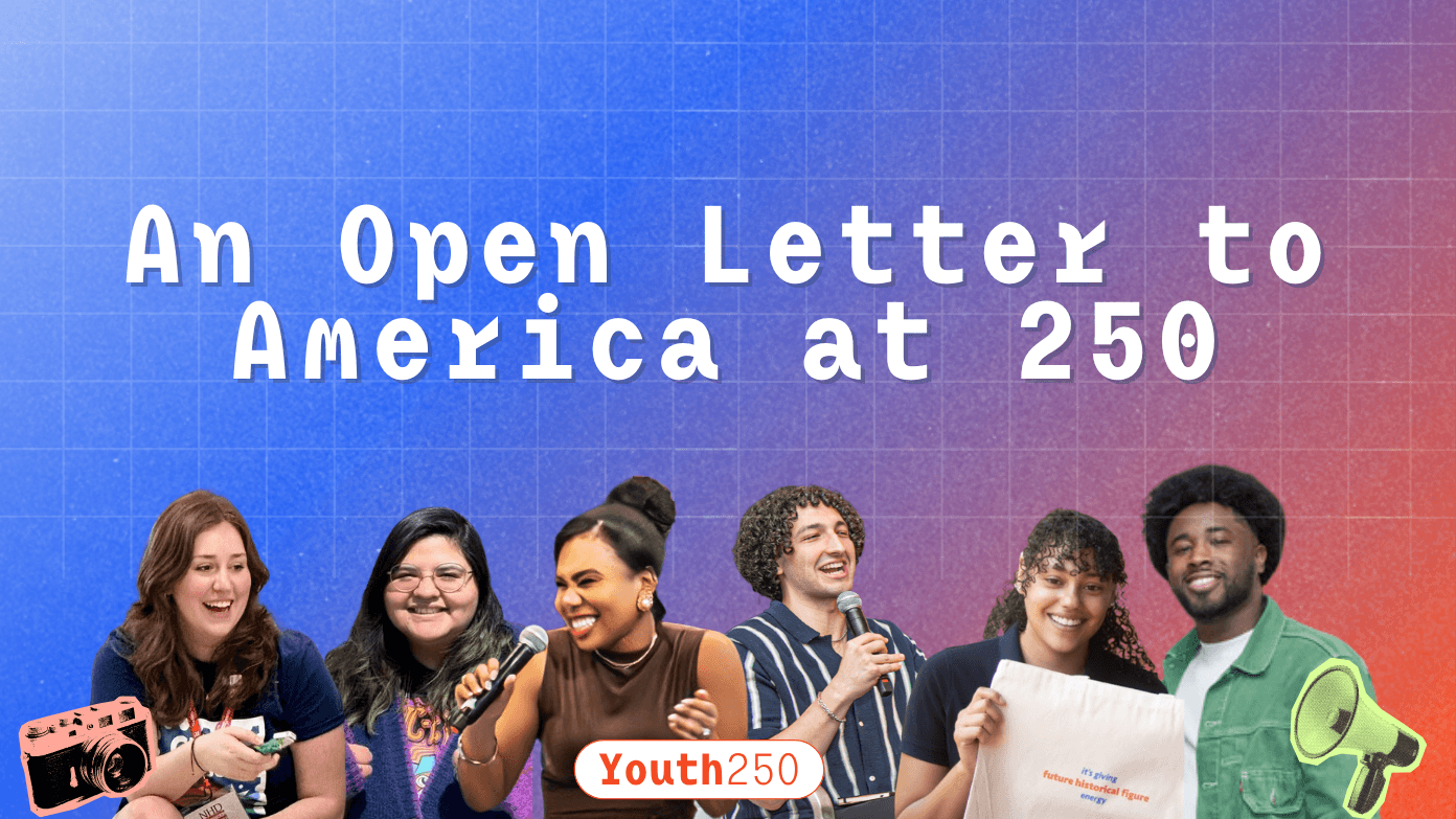 Graphic reading An Open Letter to America at 250 with images of people below the text